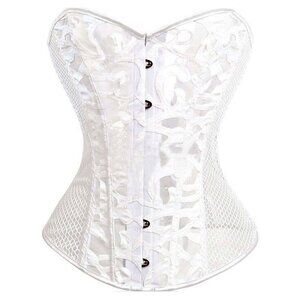 7322 Corset Satin Overbust Lace up Busiter Shapewear Outfit White2 X-Large